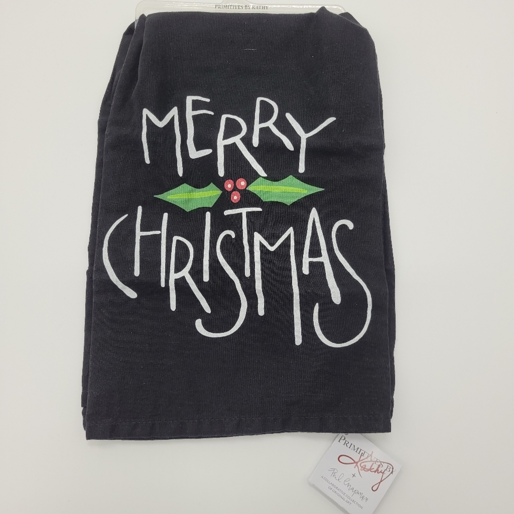 Primitives By Kathy Merry Christmas Black Kitchen Towel Cotton Holiday Holly NEW